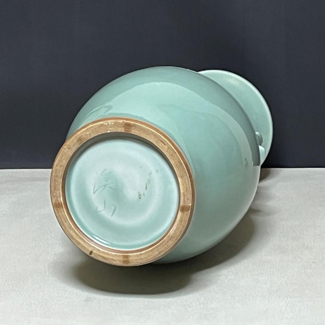 加藤渓山 砧青磁 耳付 花瓶 共箱 青磁 耳付花入 茶道具 【k3251