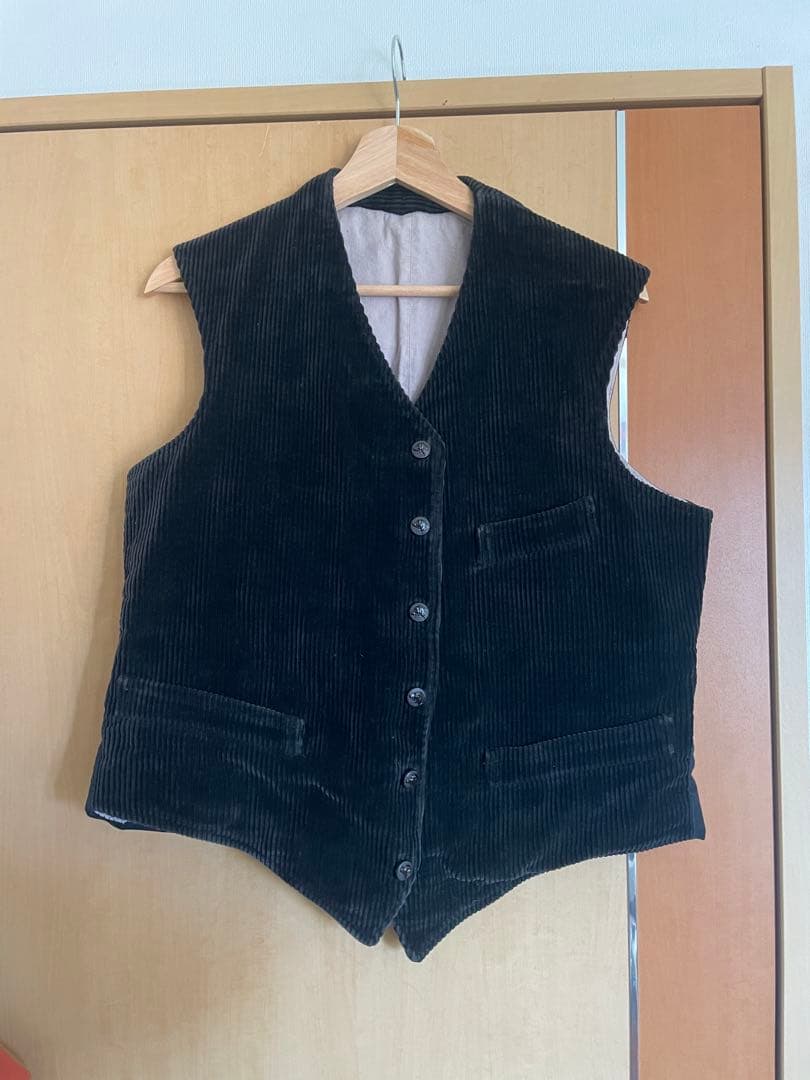 30s フレンチヴィンテージ　ハンティングベスト　動物ボタン 1930's フランス 2本針シンチバック付き動物ボタンブラック