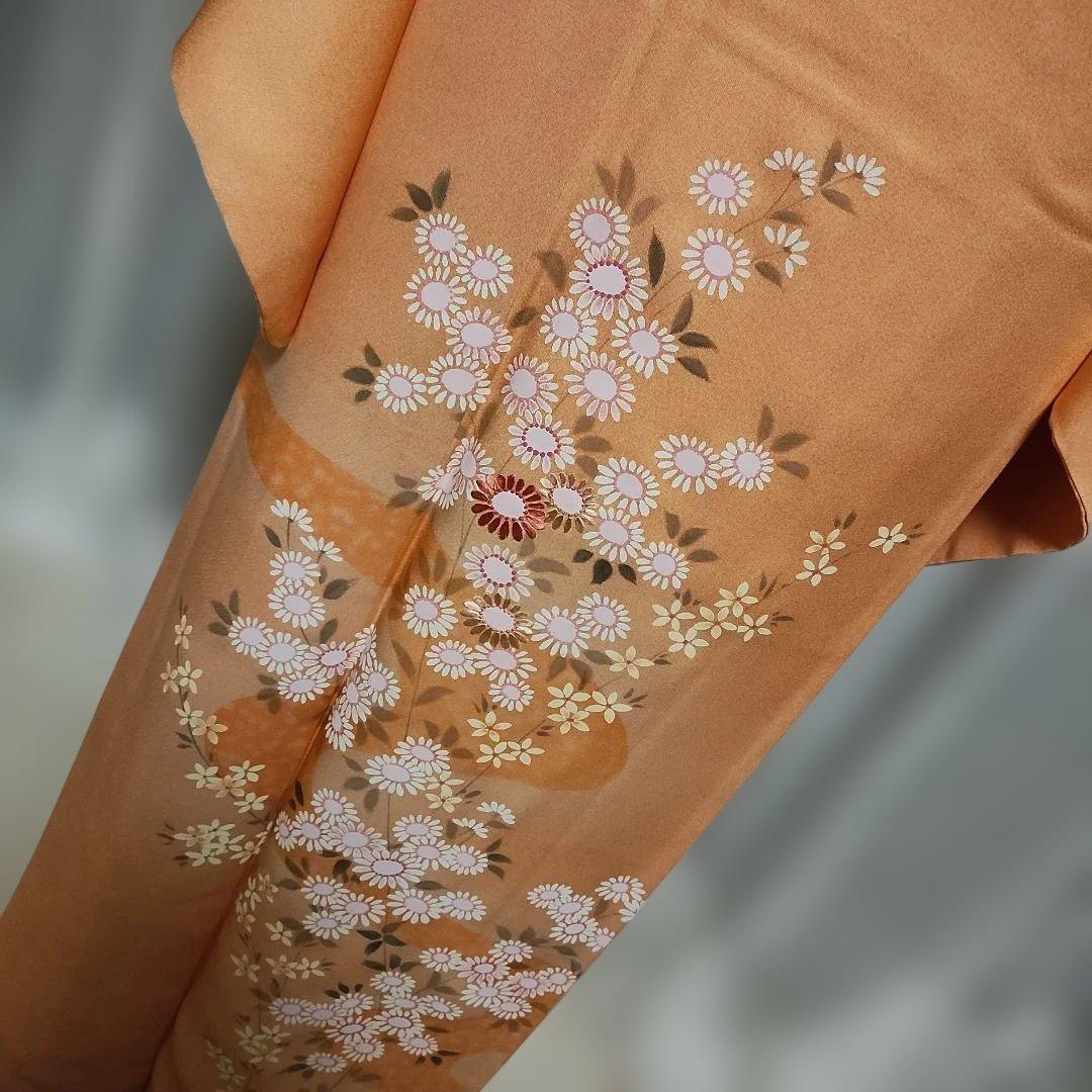 淡いクリームサーモンピンク 小菊付け下げ 訪問着フルセット 襦袢付き