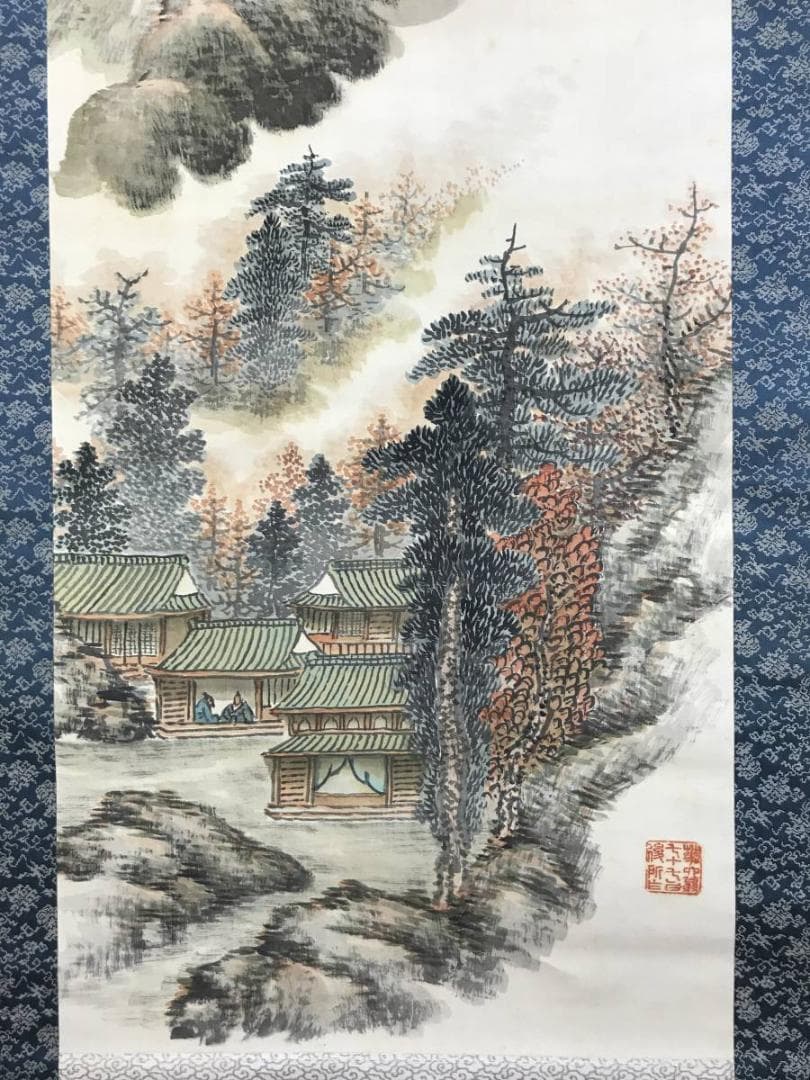 真作/静翁/雲仙清趣/秋景山水図/山水図/山水人物図/掛軸/名家伝来AE