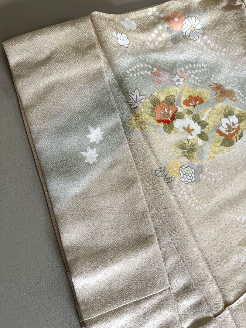 正絹 四季古典柄 友禅染 袷 訪問着 淡オレンジベージュ(和色:肌色) 未