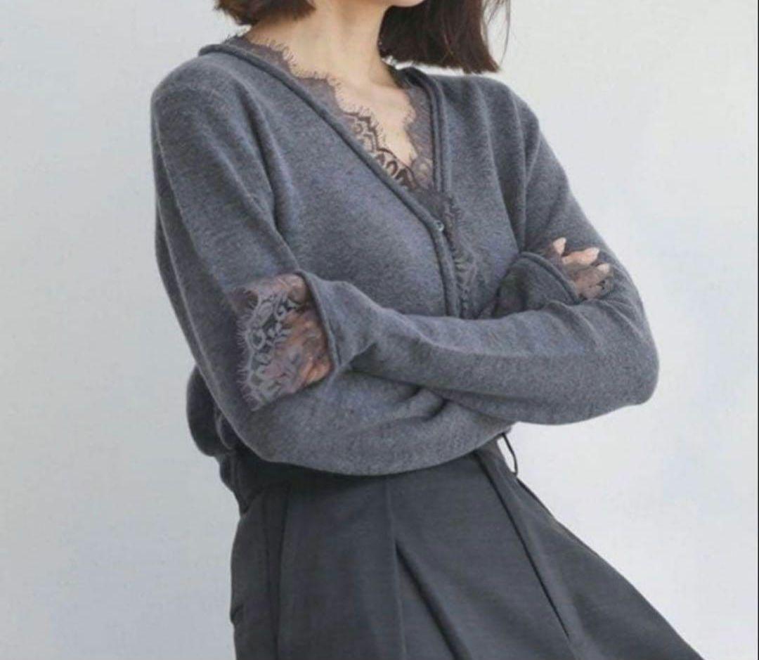 ⭐anuans アイラッシュレーストリミングニットカーディガン グレー