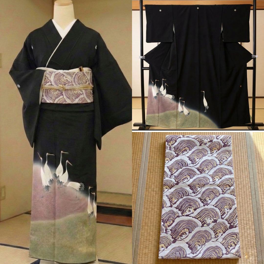 美品 黒留袖フルセット 袋帯 5点セット 結婚式 比翼仕立て 鶴 金彩