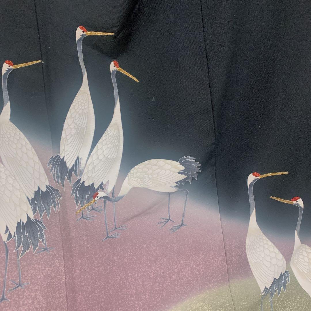 美品 黒留袖フルセット 袋帯 5点セット 結婚式 比翼仕立て 鶴 金彩