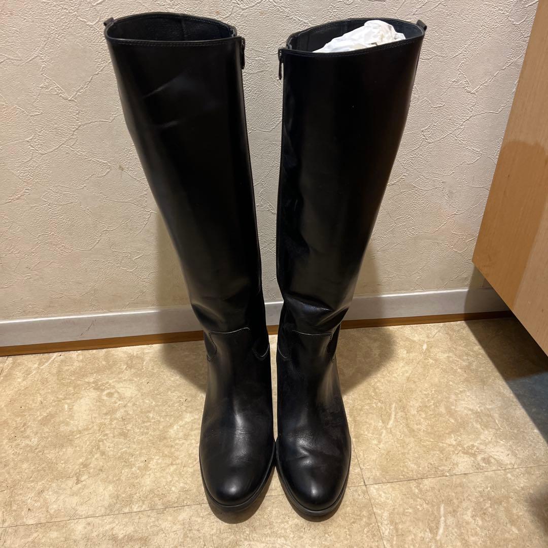 黒 ロングブーツ 低ヒール スクエアトゥロングブーツ【ロングセラー／歩きやすい／ローヒール