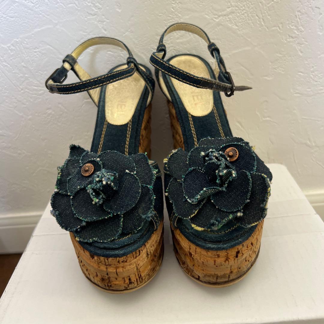 シャネル カメリア デニム ウェッジソール サンダル ヒール 22.5cm