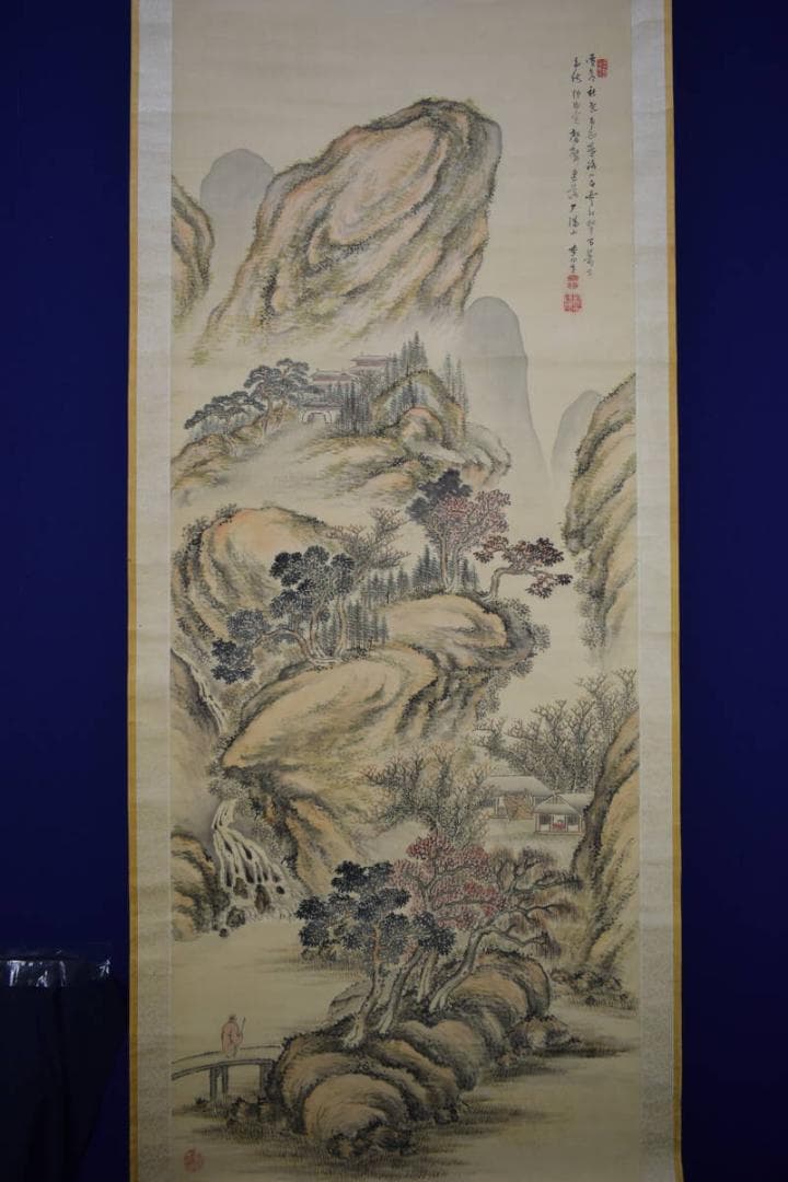 真作/帆足杏雨/秋景山水人物画賛/軸先紫檀/布袋屋掛軸HF-