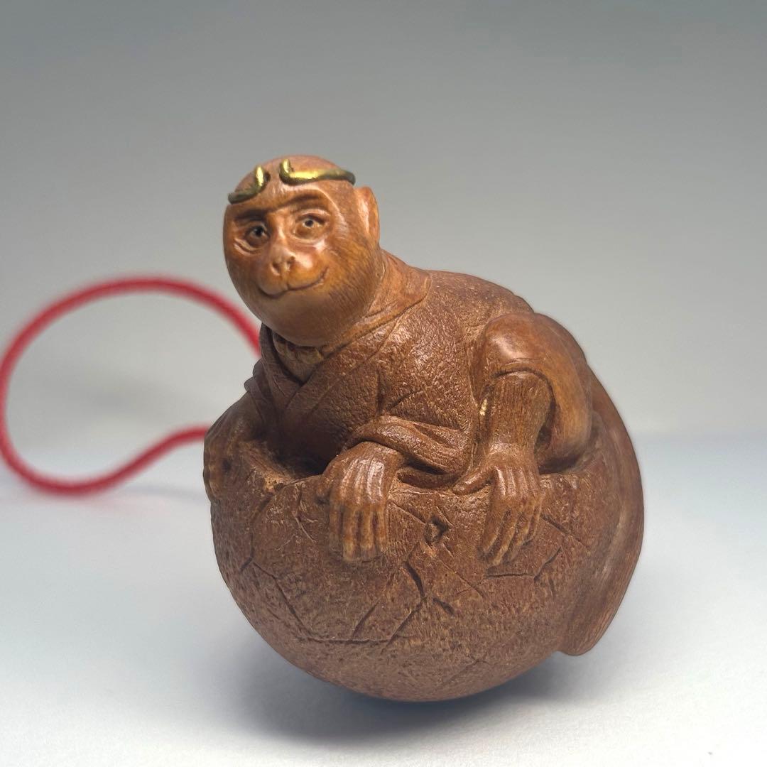 根付　提物　孫悟空　柘植 木彫り 柘植根付・携帯ストラップ 【毘沙門天】 ※鈴付 高さ2.5cm : 海