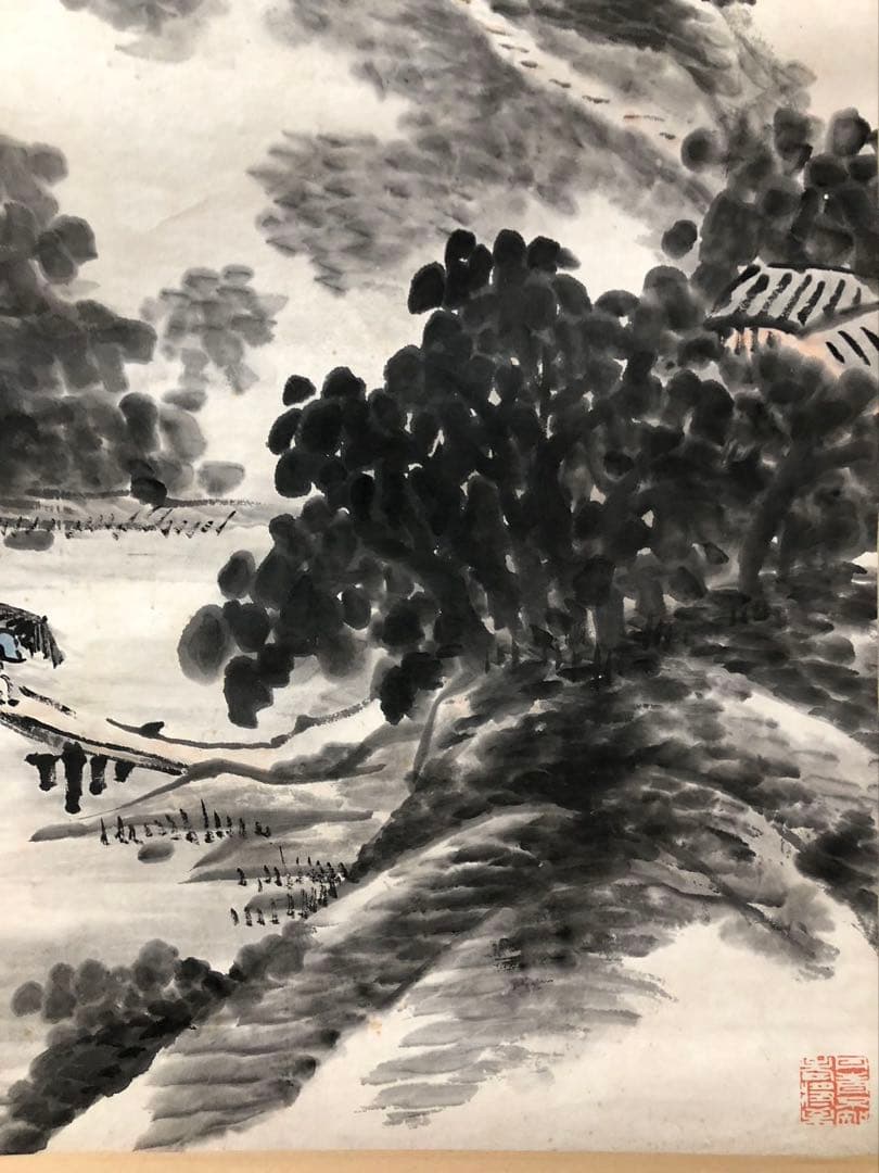 掛け軸 山水 王寅斗 絵［山水図］紙本 肉筆58！