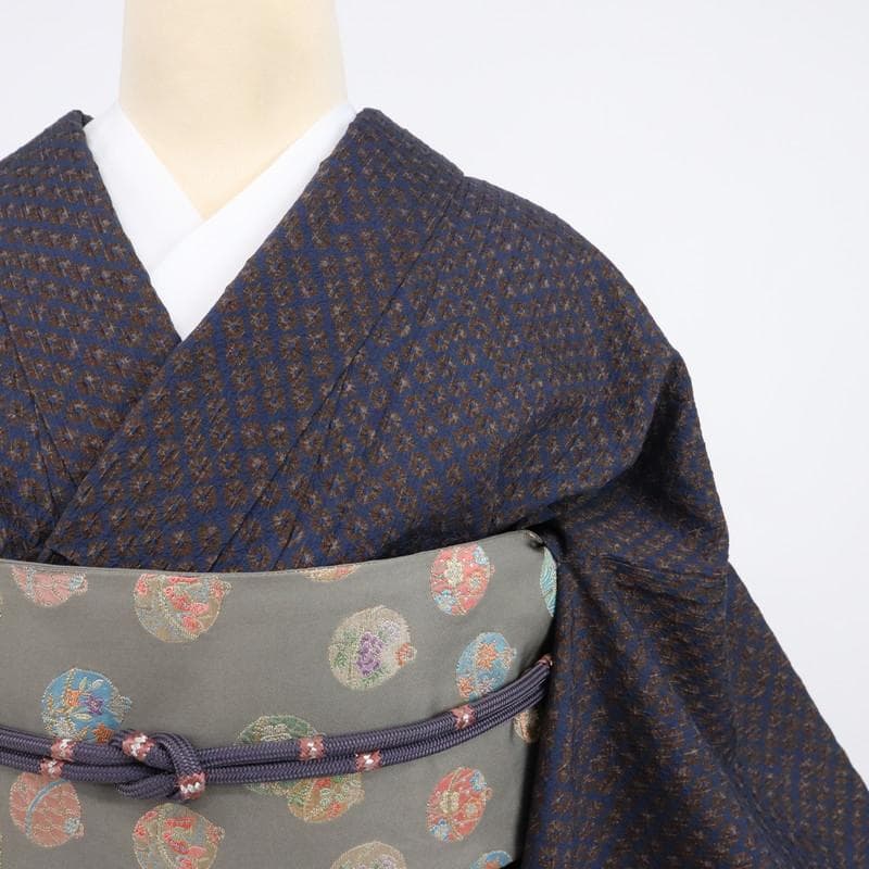 トールサイズ ワイド 総絞り＊小紋 袷着物 長尺 鹿の子絞り 紺 正絹