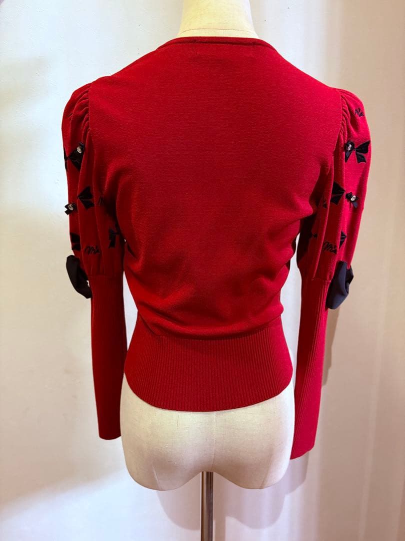 エムズグレイシー カーディガン 38 赤×黒リボン 金ボタン風 スナップ