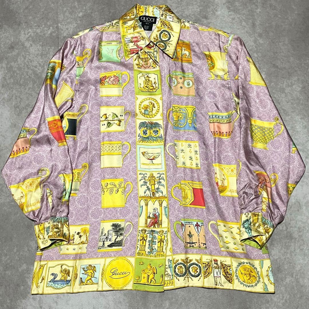 希少　グッチ　GUCCI （40） マグカップ柄シャツ　総柄　シルク100% 希少✨【GUCCI】グッチ パンサー 総柄 マルチカラー シルク シャツ y2k