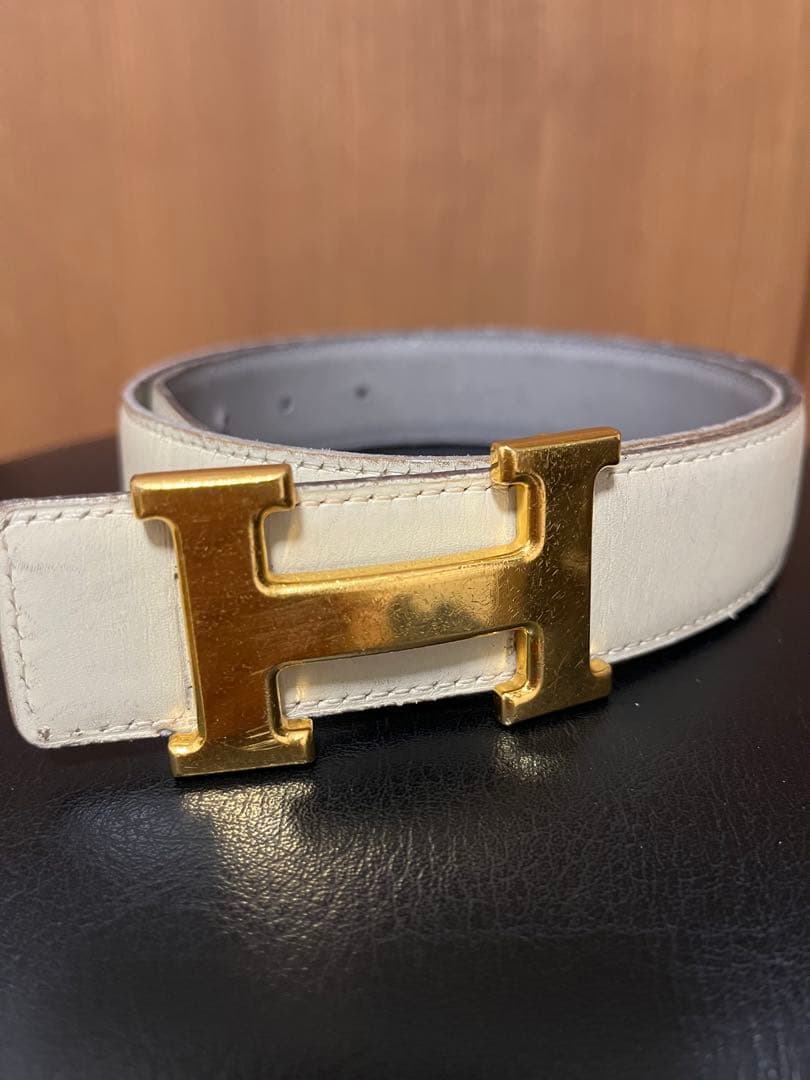 エルメス　レザーベルト　アイボリーとグレーのリバーシブル HERMES/エルメス】 スクエアバックル リバーシブル ベルト レザー/トゴ