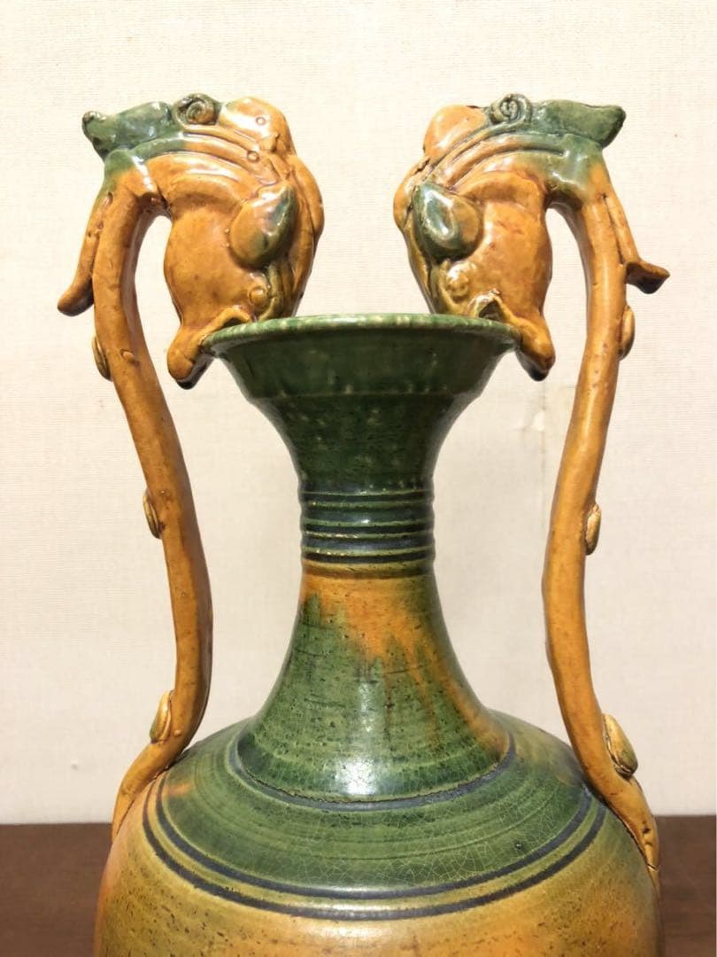 唐三彩 雙耳龍耳花瓶】 木箱付 遼三彩