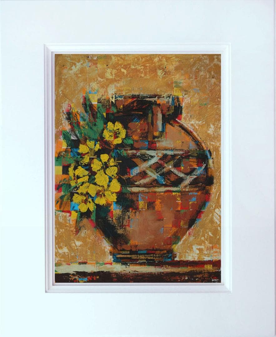 油絵 菅家令子絵 絵画インテリア額付(青緑＋金色の枠) uF6-063904