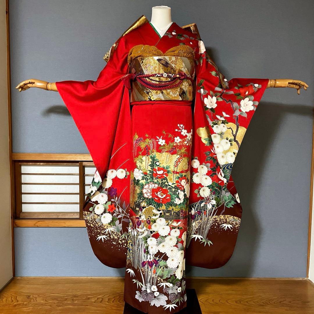 振袖フルセット 手描き友禅 金彩 成人式振袖 振袖 裄丈69 赤 - メルカリ