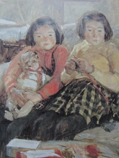 小磯良平、【二人の少女（座像）】、希少な大判額装用画集より、美品