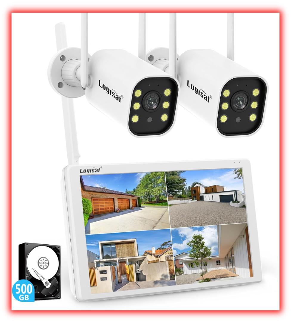 たかな ★最安値★ 防犯カメラ 屋外 2台 モニター付き ワイヤレス 12 ワイヤレス防犯システム 12インチモニター付きNVR＋カメラ2台 カメラ
