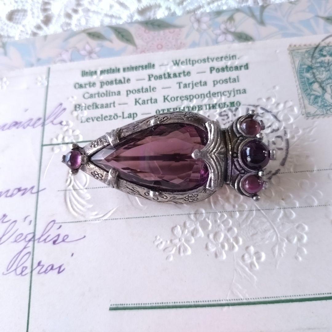 イギリス製ヴィンテージ MIRACLE パープルガラス ハート 王冠 ブローチ