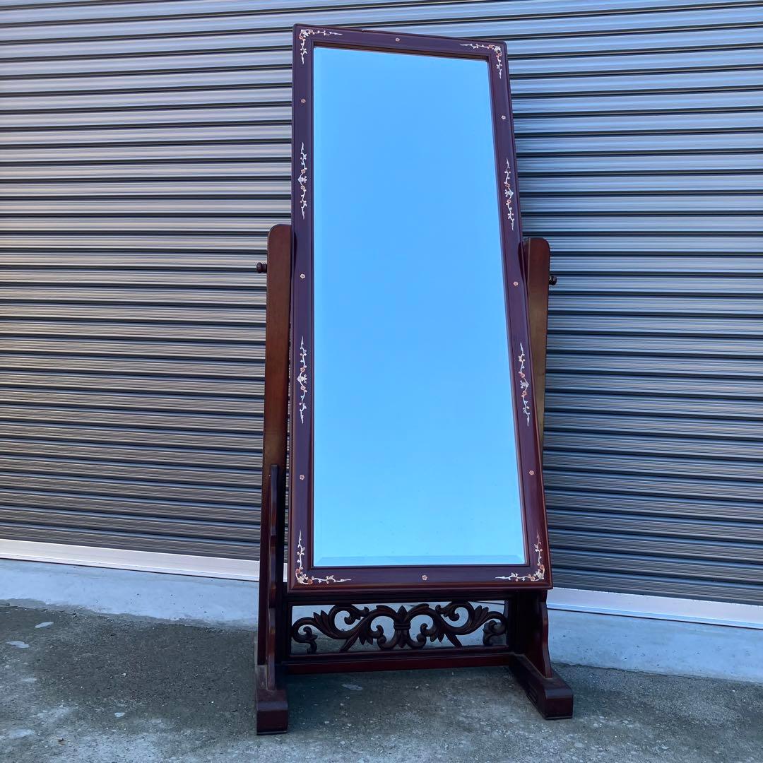 中国唐木 花梨材 螺鈿細工 大型姿見 全身鏡 スタンドミラー 古家具