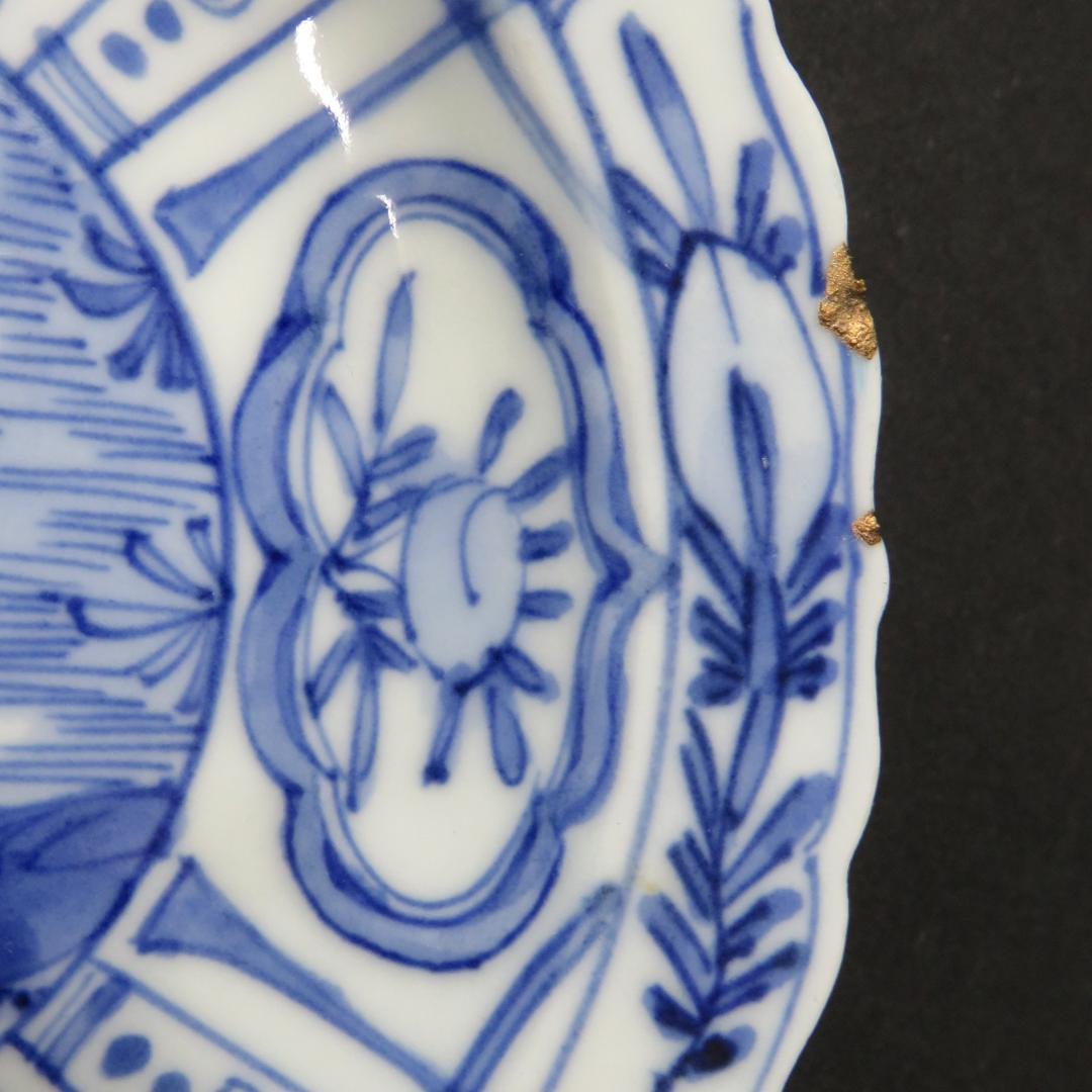 染付 小皿 皿 古伊万里 飛蝗文様 江戸 歪み 欠け 直し 芙蓉手 B傷