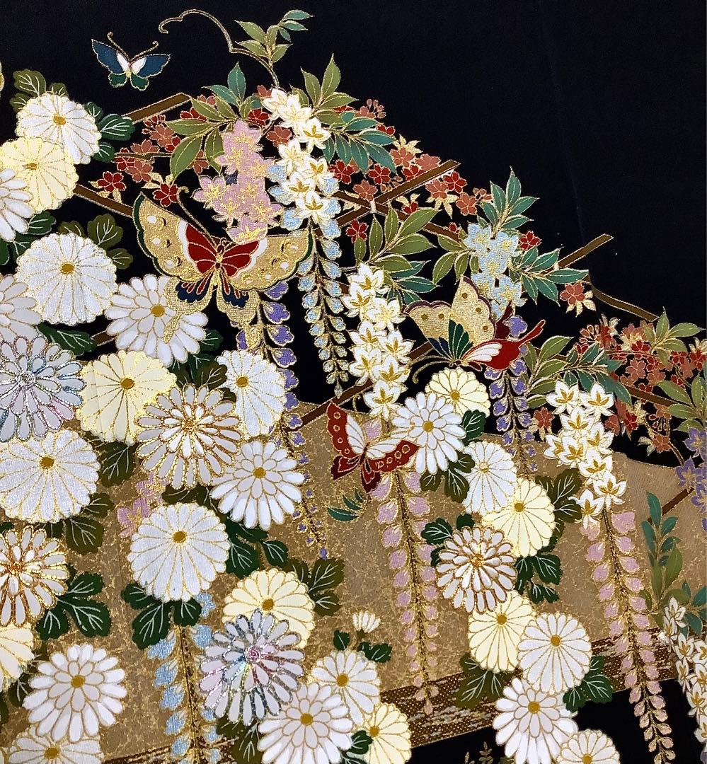 正絹黒留袖 駒刺繍 風景花蝶文 金彩 ⑧(訪問着、紬、袋帯など