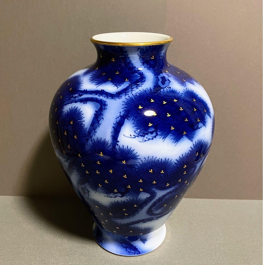 香蘭社 染錦模様 老松紋 花瓶 瑠璃色 金彩 - メルカリ