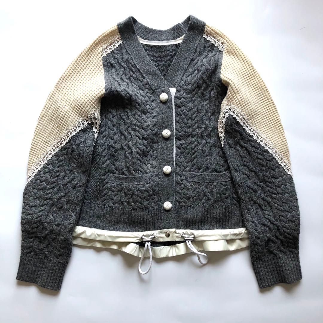 ★サイズ1★サカイ ドッキングウールカーディガン ケーブルニット S 異素材 Sacai ケーブルニット ジップ カーディガン | ブラック | FARFETCH JP