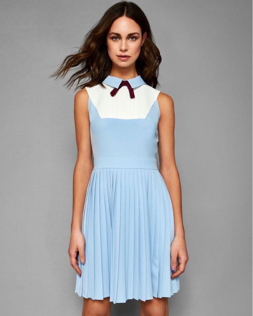 TED BAKER テッドベイカー 襟付き リボン プリーツ ワンピース ブルー
