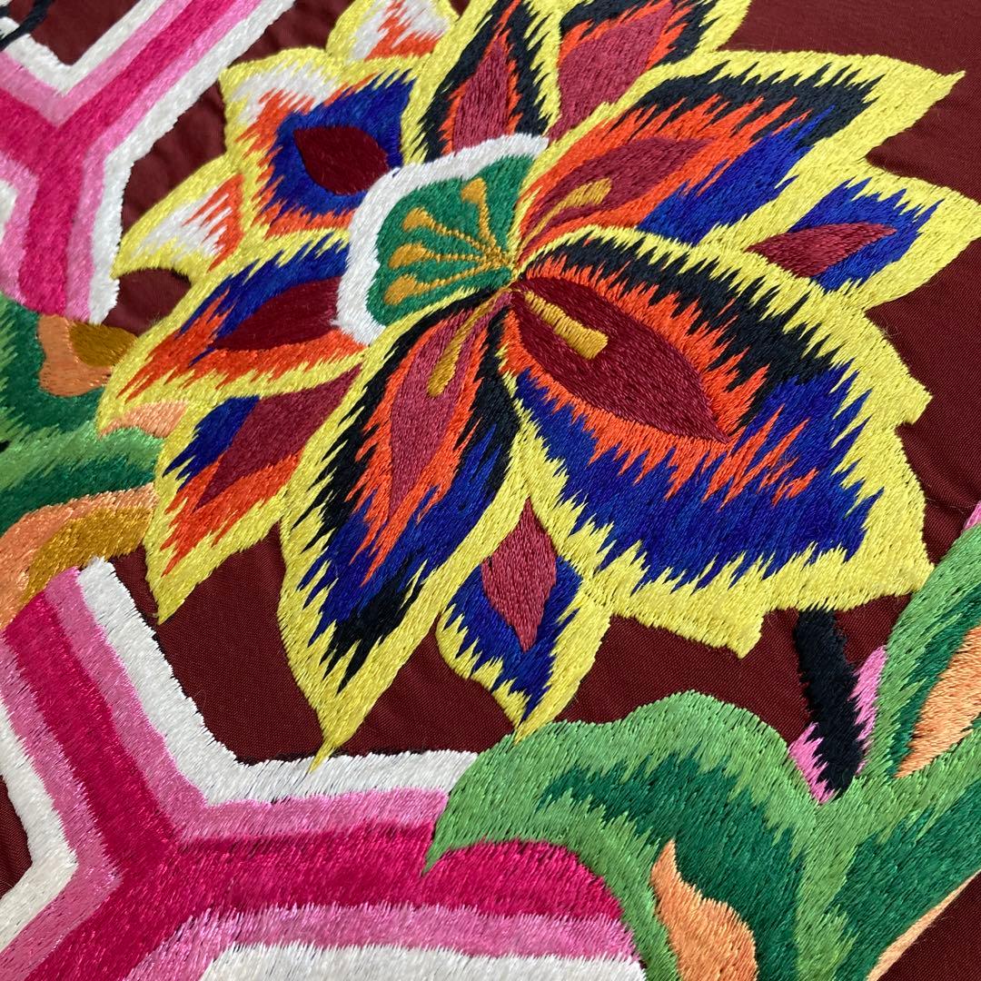 アンティーク名古屋帯　刺繍の花唐草　チョコレートブラウン　正絹　No.6-28