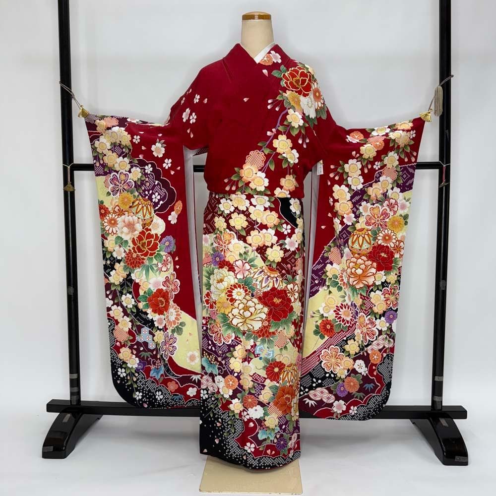 振袖 正絹 赤 黄色 古典花柄 裄68.8㎝ 成人式 中古 c-80 - メルカリ