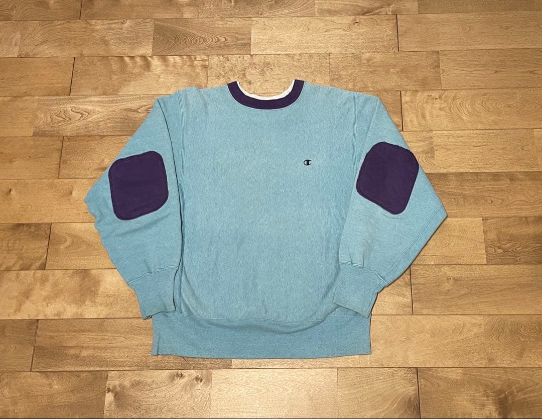 Champion Reverse Weave スウェット 水色　エルボーパッチ 90s CHAMPION リバース ウィーブ スウェット エンブレム刺繍 エルボー