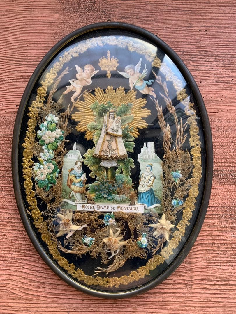 フランスアンティーク　19世紀ベルギーガラス額に美しくデコパージュされたマリア様 IMG_8777_5c403870-a31a-4ff8-