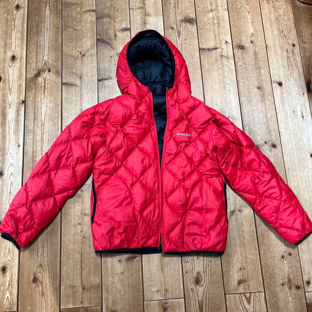 モンベル ダウンジャケット リバーシブル 黒 赤 フード ナイロン 中綿