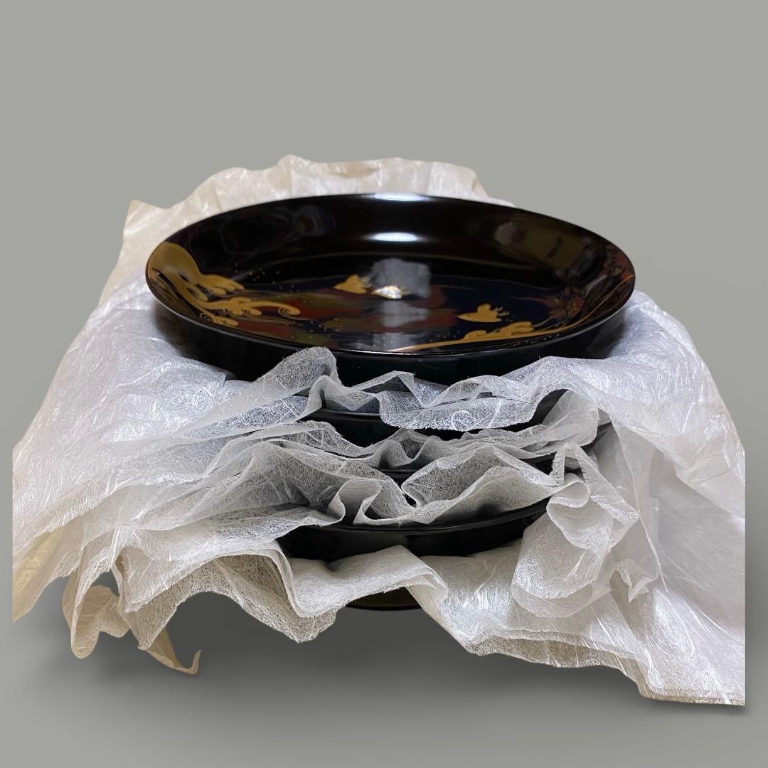 ◇時代 輪島塗 波千鳥 蒔絵 螺鈿細工 16cm皿 五客 銘々皿 菓子器 螺鈿