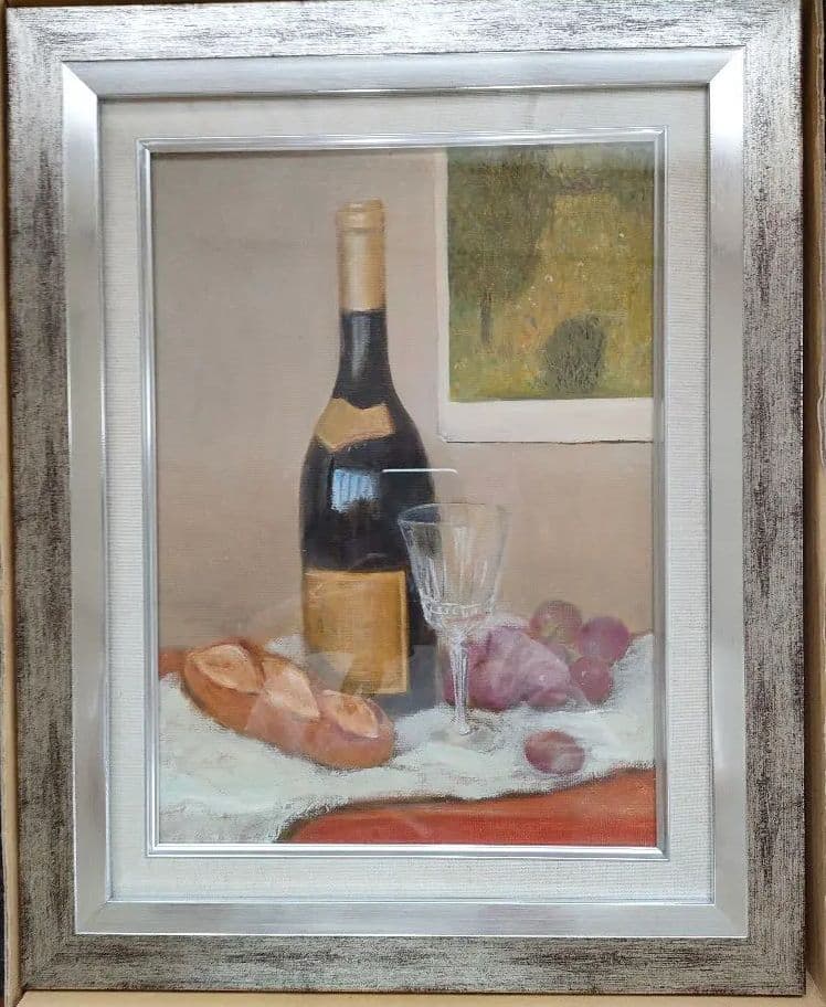 油絵原画　静物画　四号「パンとワインとクリムトの風景画」 Amazon.co.jp: アート絵画静物画ボトル カラフ パンとワイン クロード