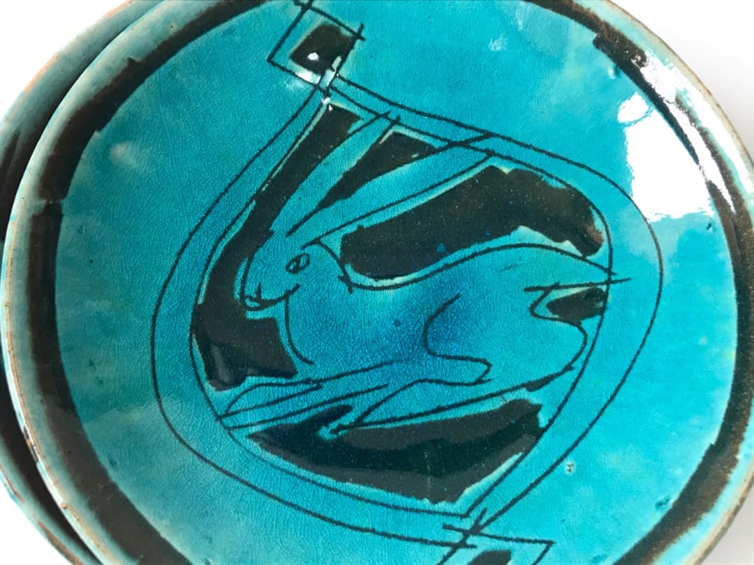 作家物 人間国宝 加藤土師萌 青釉 兎文 卯年 五寸皿