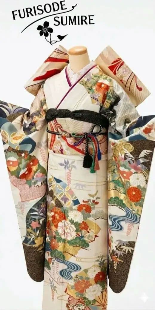 476アイボリー金彩 古典 正絹振袖6点フルセット 成人式卒業式謝恩会