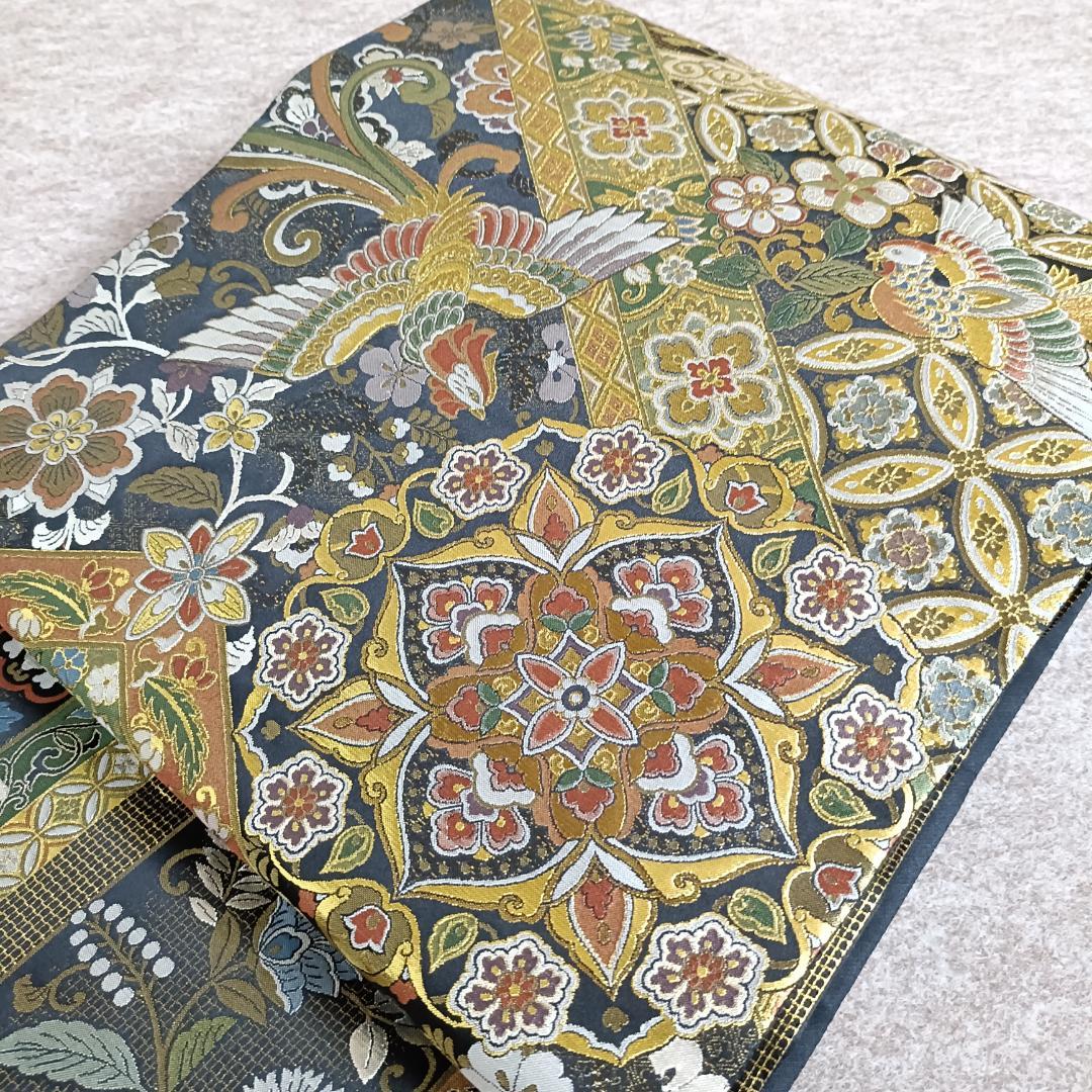 ◇1016◇全通柄 袋帯 本金箔超極細織錦 唐渡花鳥全通 西陣織 正絹 着物