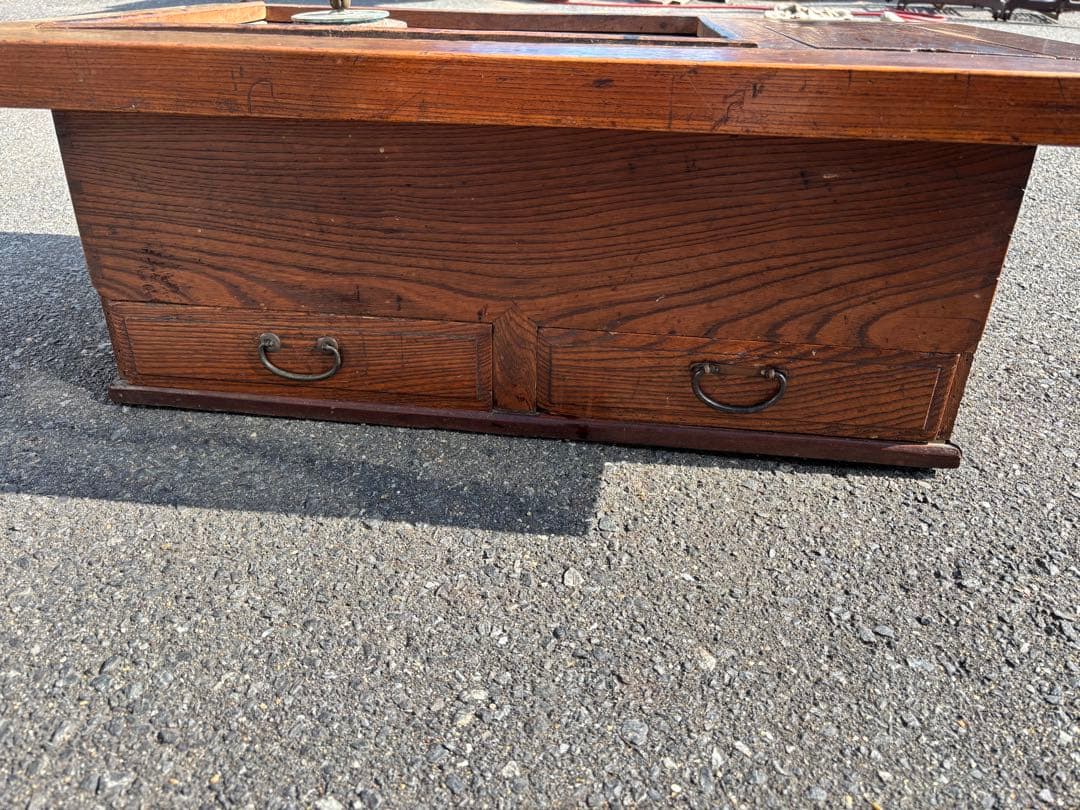 長火鉢 龍文堂酒燗器付 銅蓋 火箸付 囲炉裏座卓 引出し付き 灰付 当時