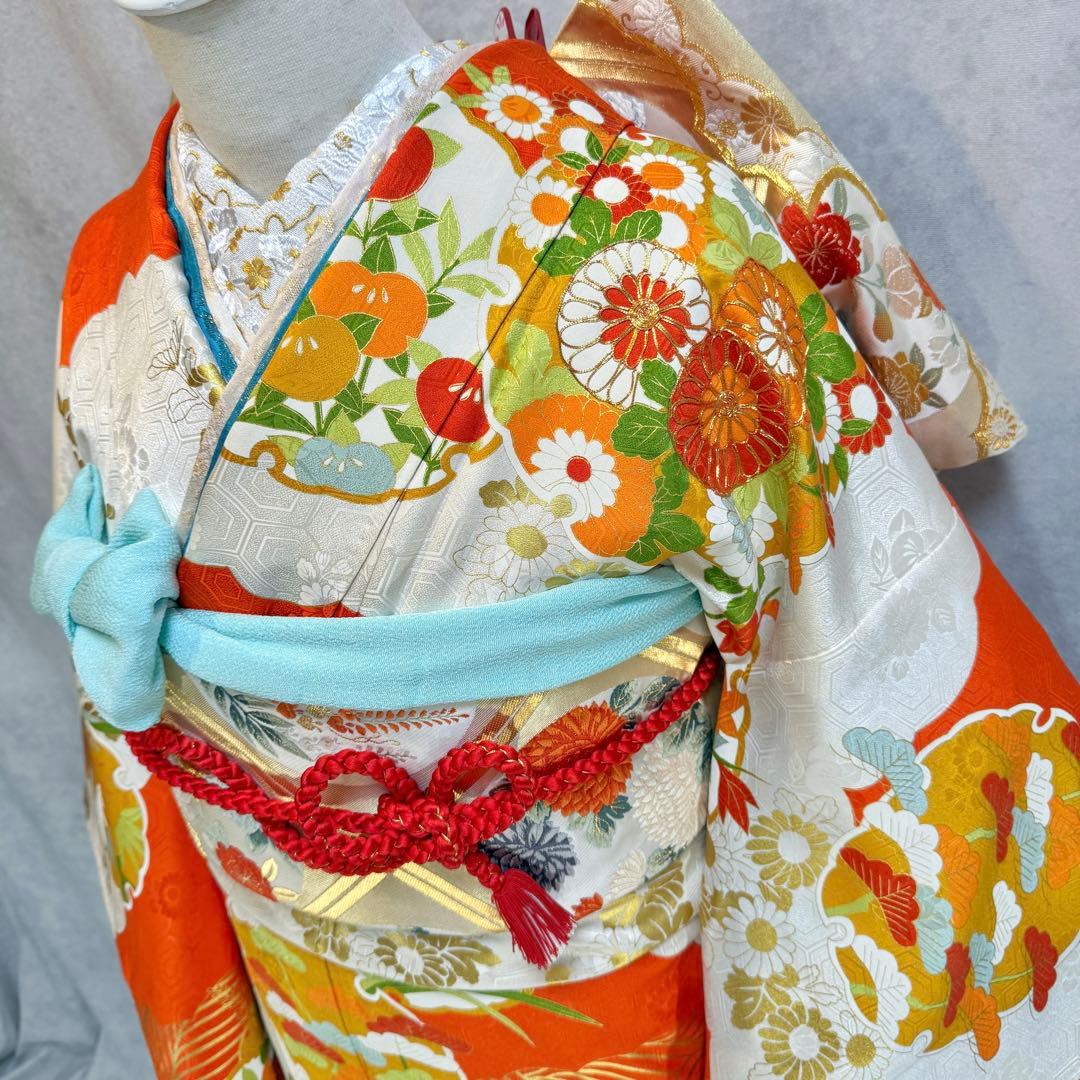 振袖フルセット 古典柄 トールサイズ 161〜171 白地オレンジ 正絹 成人