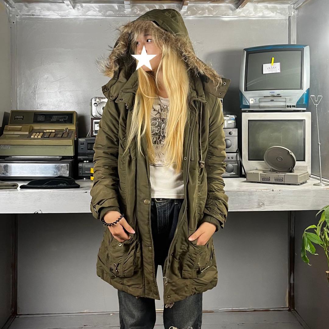 y2k グランジ usedオリーブグリーン フード ファー 付き モッズコート