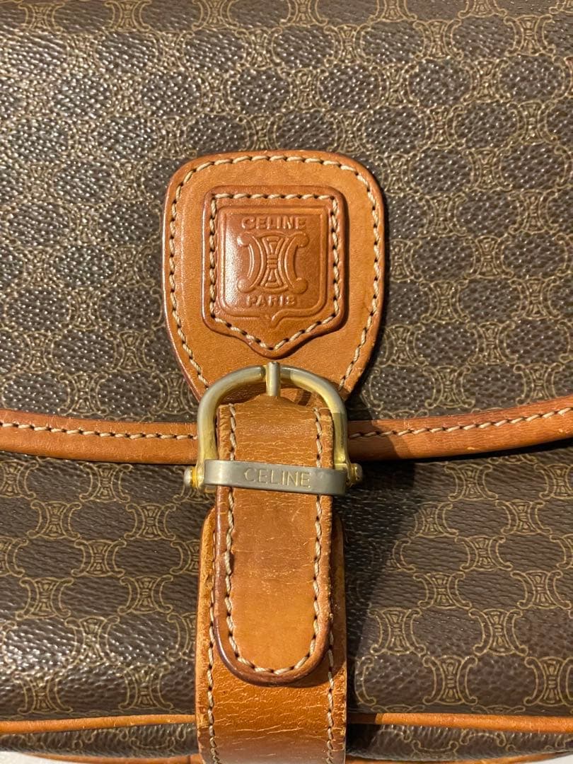 c*9様 CELINE マカダム トリオンフ ブラウンレザー ショルダーバッグ