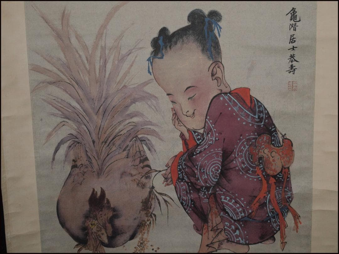 中国近代 潘功青作 肉筆絵 激安骨董品 掛け軸 古美術 AK2164A9-2