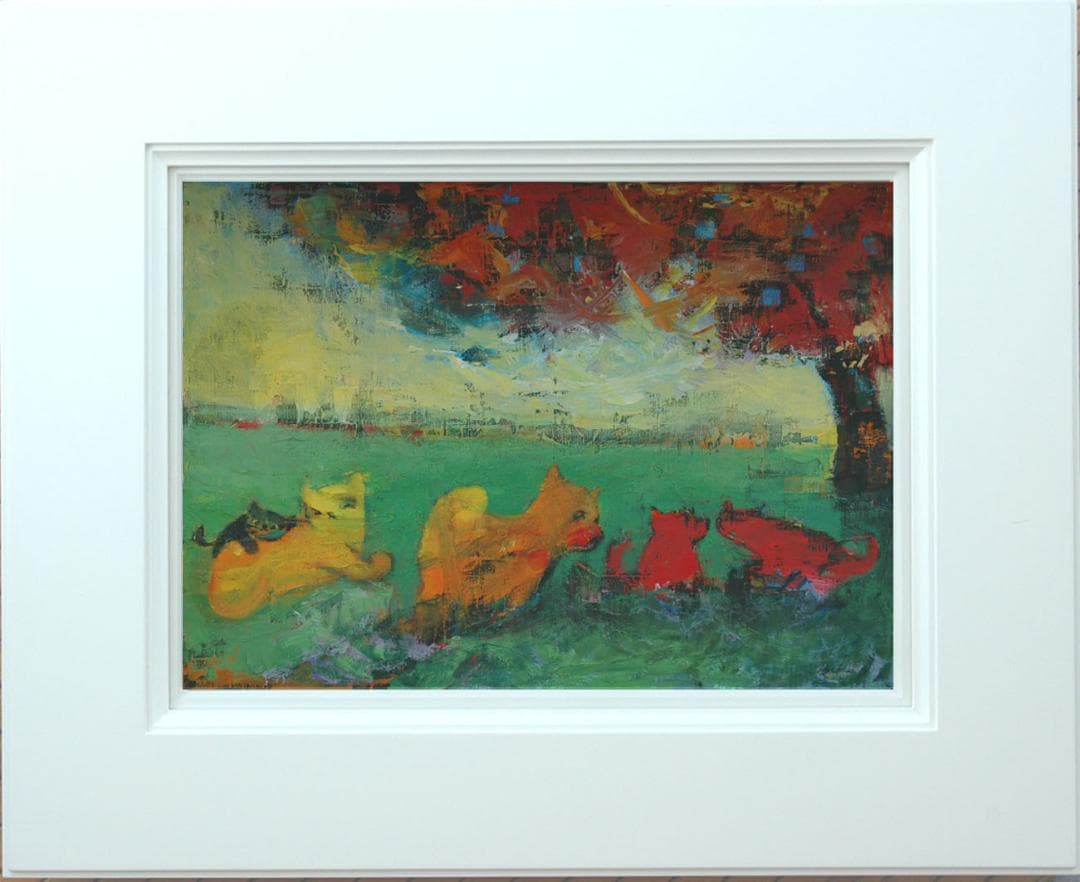 油絵 菅家令子 絵 絵画インテリア額付(青緑＋金色の枠)uF6-071219