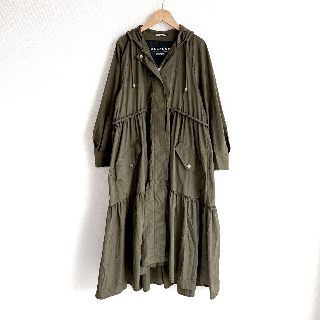 美品　マックスマーラ　ギャザー　モッズコート　　カーキ　38 スプリングコート 美品マックスマーラギャザーモッズコートカーキ38 スプリングコート