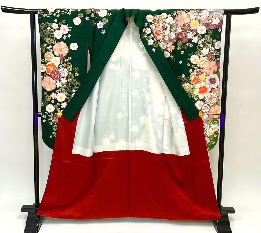 綺麗な地模様入りのグリーン地に桜が可愛い振り袖フルセット➕着付け用