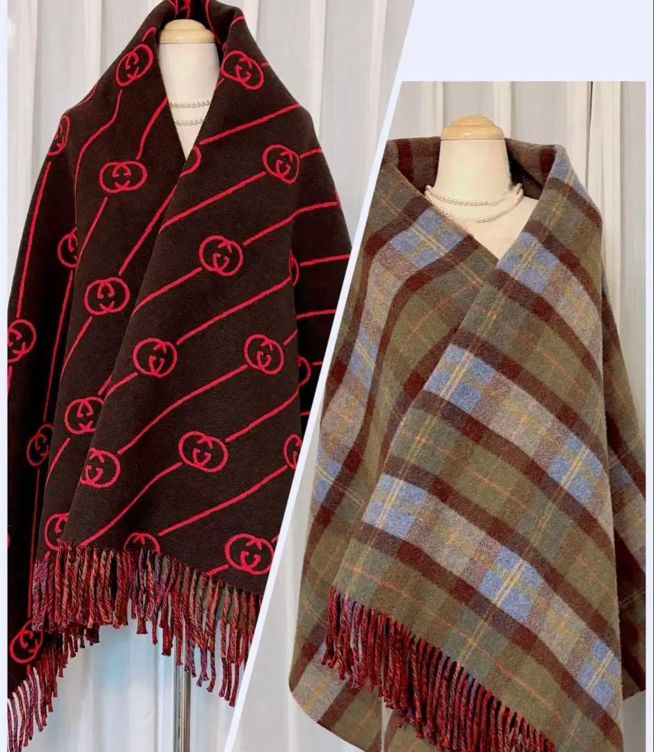 極美品✨GUCCI ポンチョ風ブランケット　リバーシブル　GG柄　チェック 希少 GUCCI グッチ ポンチョ ケープ リバーシブル GG ウール ネイビー