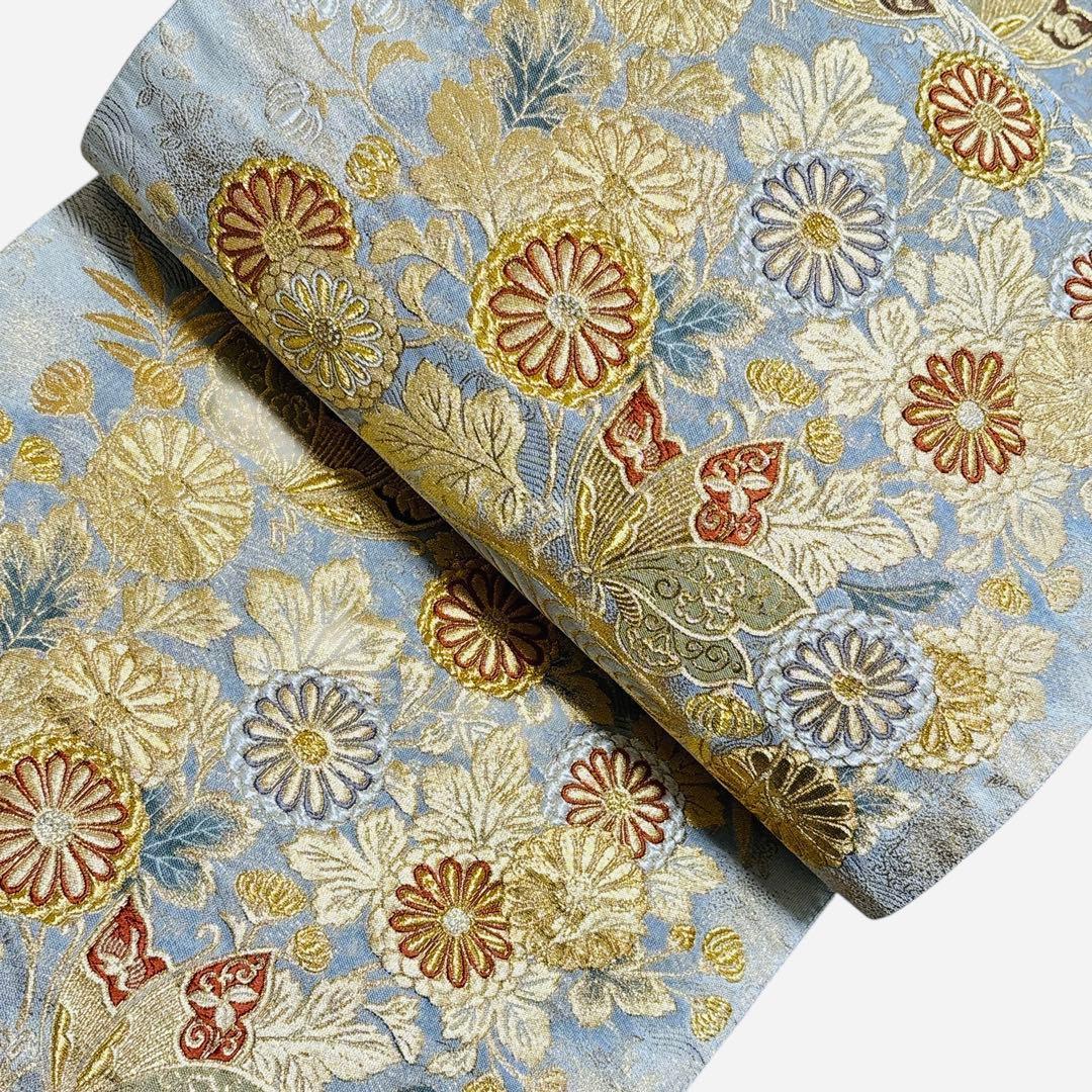A4美品袋帯 六通柄 金糸 唐織 刺繍 菊 蝶 正絹 着物 - メルカリ