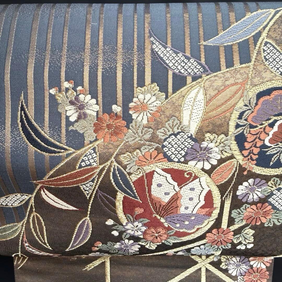縦線 金 蝶々 松 藤の花 菊 正絹 袋帯 二重太鼓 作り帯 - メルカリ